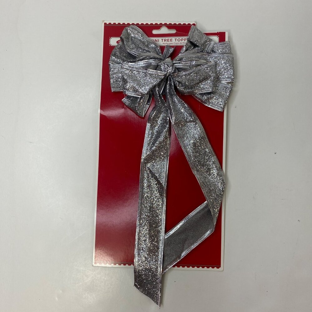 Silver Glitter 10 Loop  Bow Tree Topper Long Streamers Christmas Decor